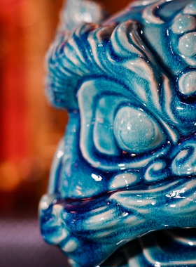 【本尼家】非遗手工蓝釉石湾陶中式陶瓷狮子瑞兽桌面装饰玄关摆件