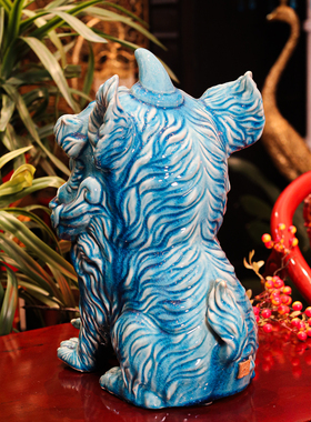 【本尼家】非遗手工蓝釉石湾陶中式陶瓷福禄狮子瑞兽家居玄关摆件