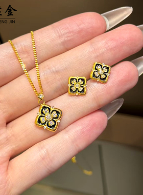 沙金万相花四叶草吊坠项链锁骨链