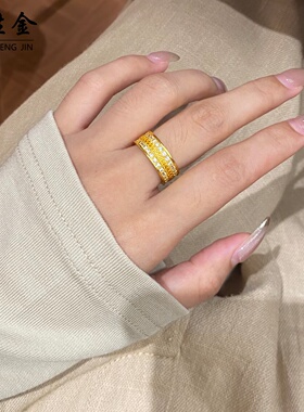 沙金錾刻镶钻麦穗宽版加厚戒指女
