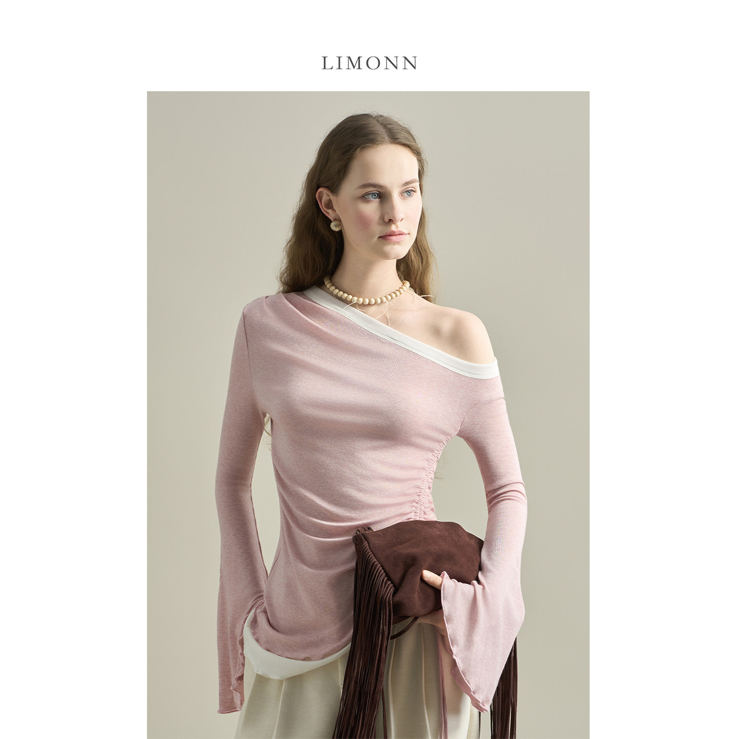 LIMONN绝美温柔一字肩假两件上衣女喇叭袖侧边抽绳打底T恤内搭冬,淘宝优惠券,粉丝福利购,淘宝优惠卷