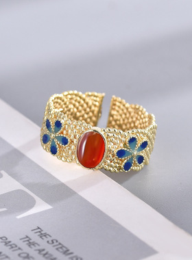 花丝镶嵌烧蓝镀金非遗古法麻花古风轻奢流行传统开口女戒指编织