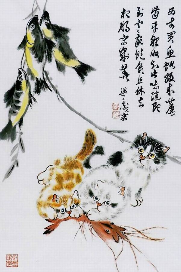 猫狗国画装饰画客厅走廊手绘字画四开三走兽动物画十二生肖45GG