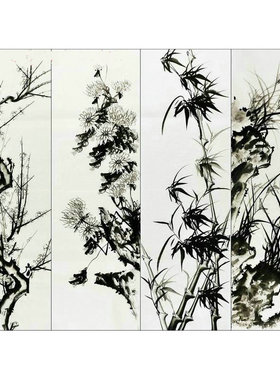 手绘国画梅兰竹菊四条屏作业手绘