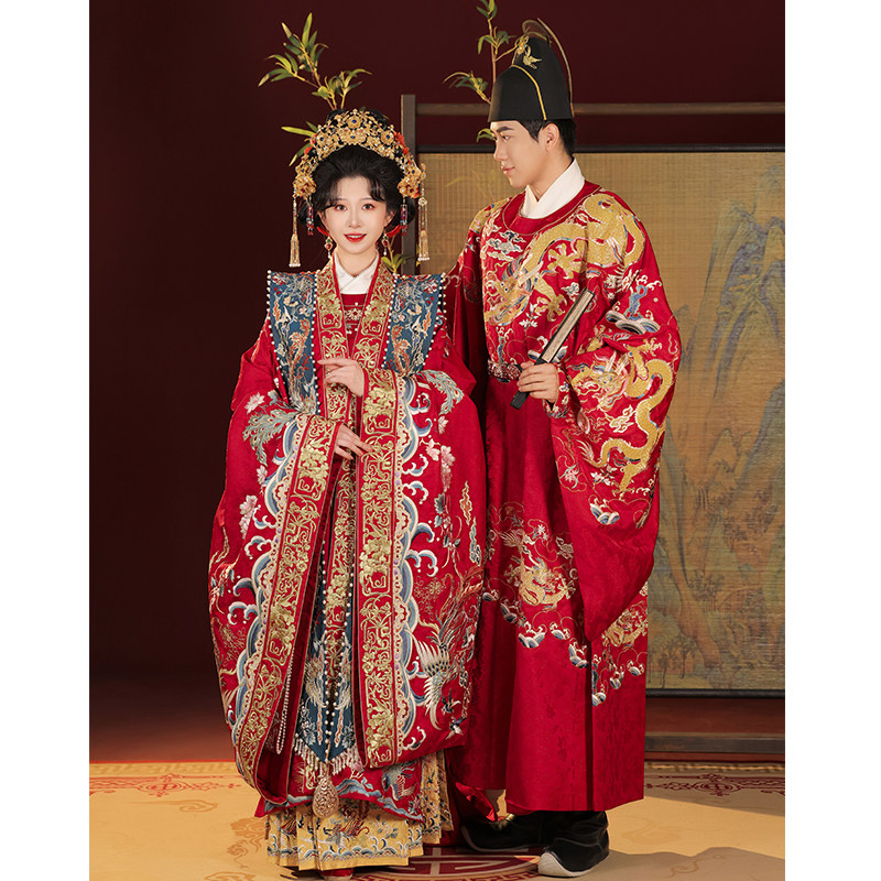 桃花序【百鸟朝凤】明制婚服重工中式嫁衣凤冠霞帔汉服男女款全套,淘宝优惠券,粉丝福利购,淘宝优惠卷