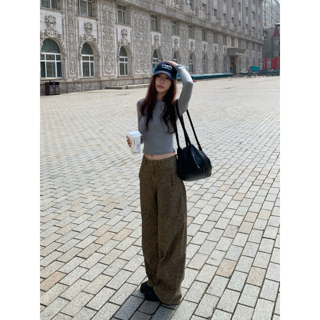 HaloLuu American retro leopard ພິມ jeans ຂາກວ້າງ