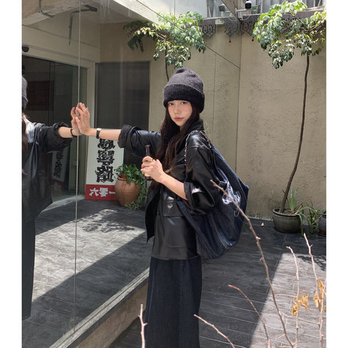 Halo Luu波士顿黑色皮衣外套女秋季2026新款宽松高级感复古皮夹克 - 图2