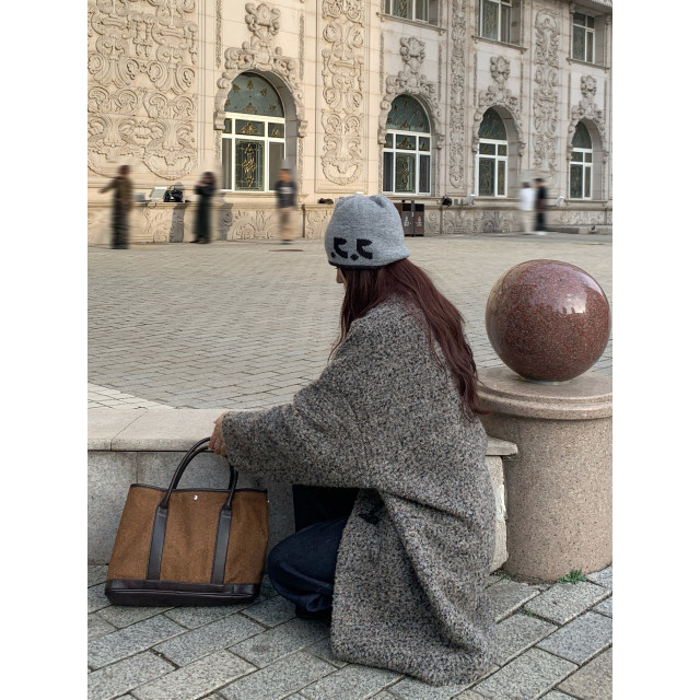 Halo Luu灰色牛角扣羊毛大衣女冬2025新款加厚中长款立领毛呢外套