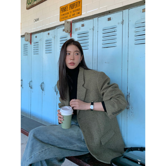 Halo Luu 韩系复古人字纹毛呢西装外套女秋冬新款加厚羊毛高级感