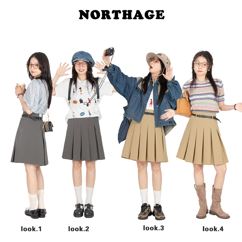 Northage2023春夏通勤学院高腰带百褶a字卡其灰色抗褶半身短裙女 - 图2