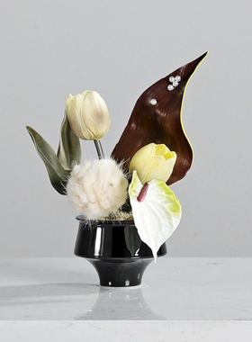 中古风郁金香珍珠仿真花艺简约黑色陶花器组合花艺样板间会所摆设
