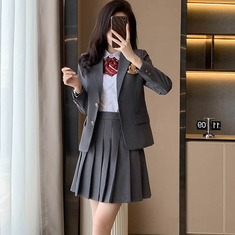 JK制服西服外套女秋冬季学院风工装幼师园服百褶裙西装套装工作服