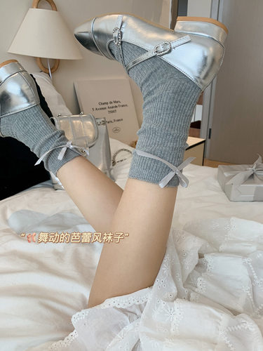 秋蝴蝶结配袜子女夏季芭蕾风薄款女款纯棉夏天玛丽珍鞋中筒堆堆袜 - 图1