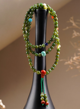 天然和田碧玉道系流珠108颗手链多圈款国潮男女士新文创念珠手链