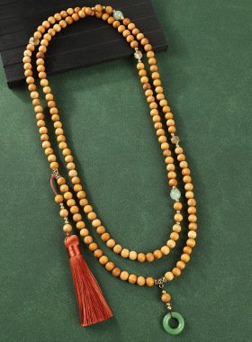 原创新中式国风斜挎链崖柏佛珠流苏项链复古毛衣链背背链旗袍配饰