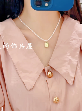 欧比雅比珍珠方形吊牌颈链短项链