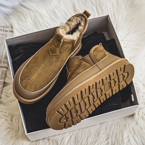 棉鞋男款冬季加绒加厚保暖男鞋真皮一脚蹬马丁靴切尔西东北雪地靴 - 图0