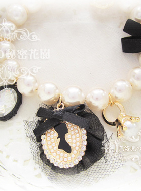 宫廷复古欧洲小香风黑色珍珠水钻蕾丝蝴蝶结桃心公主女手链 5118