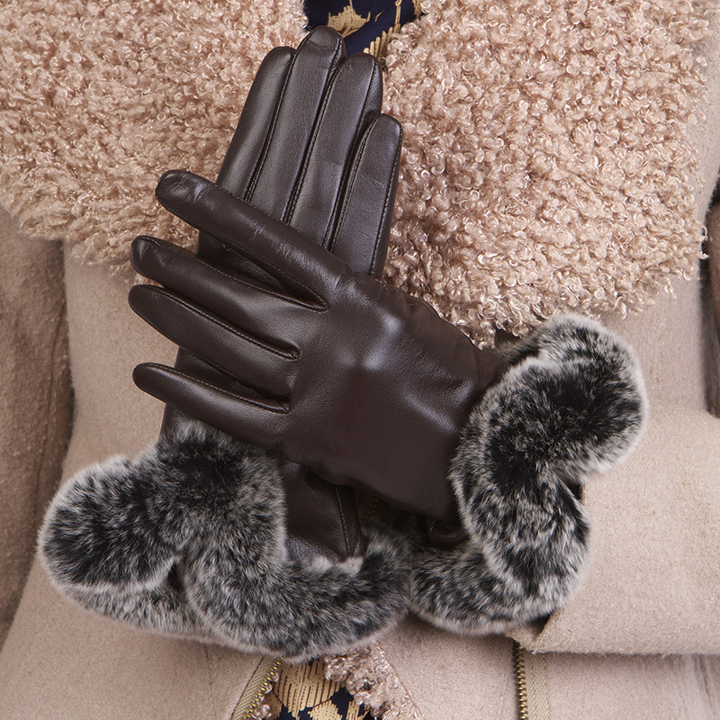 新款皮手套女冬季獭兔毛口头层羊皮加绒加厚保暖时尚触屏真皮修手