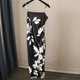 Satin ພິມ hem slit ສາຍແອວ suspender ຍາວ