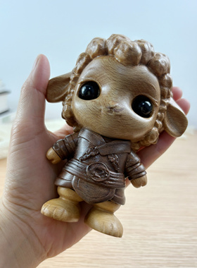 实木大眼卷毛小羊木雕家居摆件萌趣可爱生日礼物创意伴手礼桌面