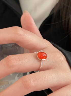 持恒S925纯银红玛瑙镶嵌戒指女气质时尚设计感指环高级感2025新款