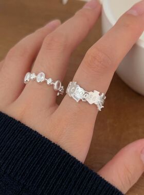 持恒S925纯银不规则字母戒指女小众独特森系冷淡风镶石指环高级感