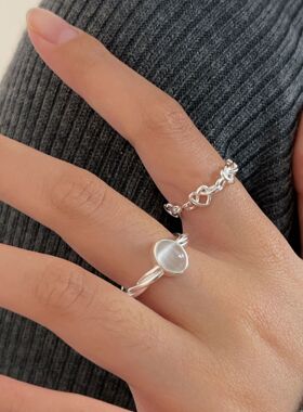 持恒韩国韩版编织爱心戒指S925纯银猫眼珠指环小众ins轻奢冷淡风