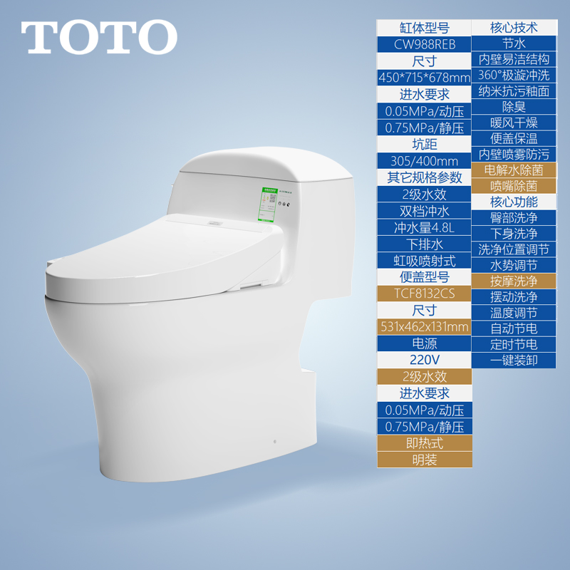 TOTO连体马桶CW988REB卫洗丽智能盖板便圈超旋家用智洁釉面坐便器 - 图0