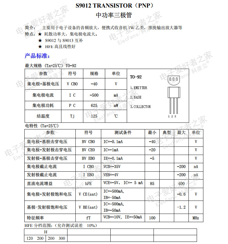 (50个) 直插S9012 PNP型 0.5A 40V 常用小功率三极管 晶体管 - 图1