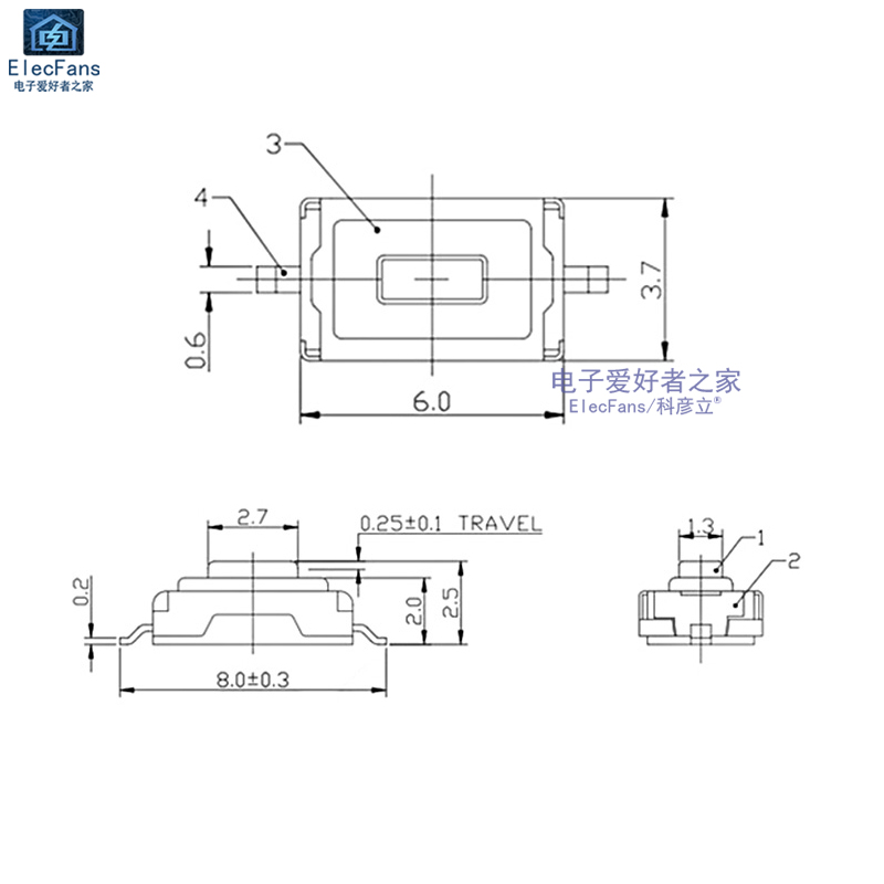 (20个)3X6X2.5mm 铜脚 轻触开关贴片2两脚微动按键按钮 白柄/红柄