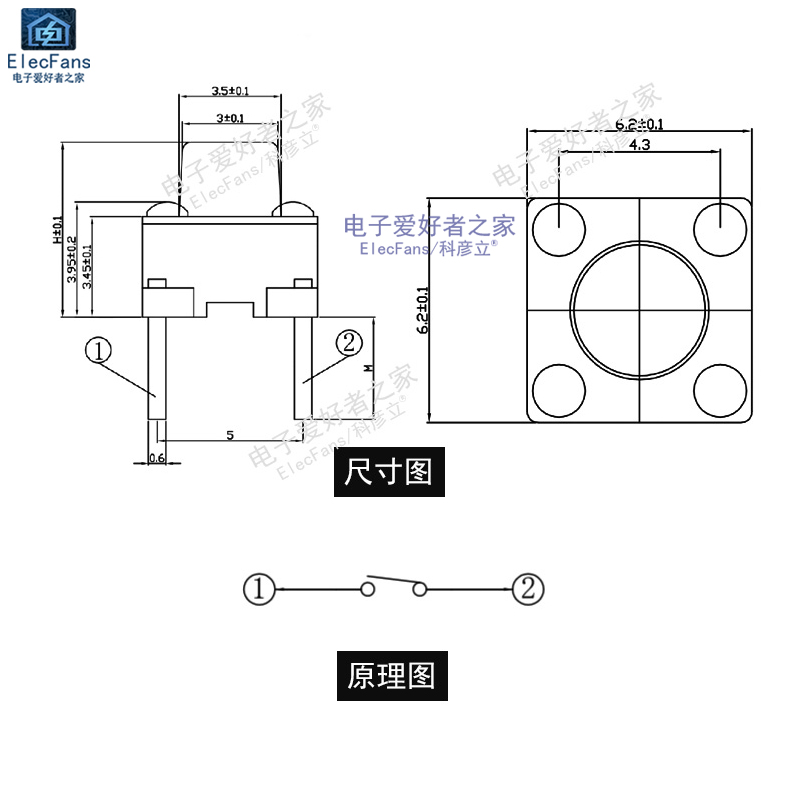 (20个)直插6*6*5mm 轻触开关 2脚微动按键按钮4小开关 电子元器件 - 图2