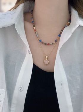 ZHAZHA韩国新款时尚简约百搭小众设计感彩色水晶项链女高级感颈链