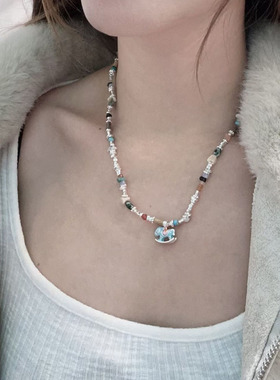 ZHAZHA韩国新款小马蓝色复古少女天然石项链多材质锁骨链小众高级