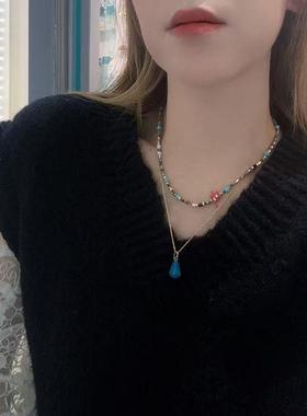 ZHAZHA韩国新款高级时髦天然石彩色复古小众设计项链锁骨链百搭潮