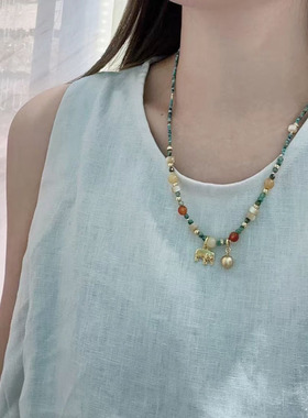 ZHAZHA韩国新款时尚简约百搭彩色小象吊坠项链女高级感气质锁骨链