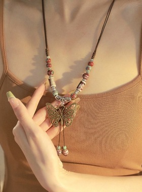 新中式蝴蝶铃铛吊坠项链女中国风复古民族风长款项链陶瓷配饰