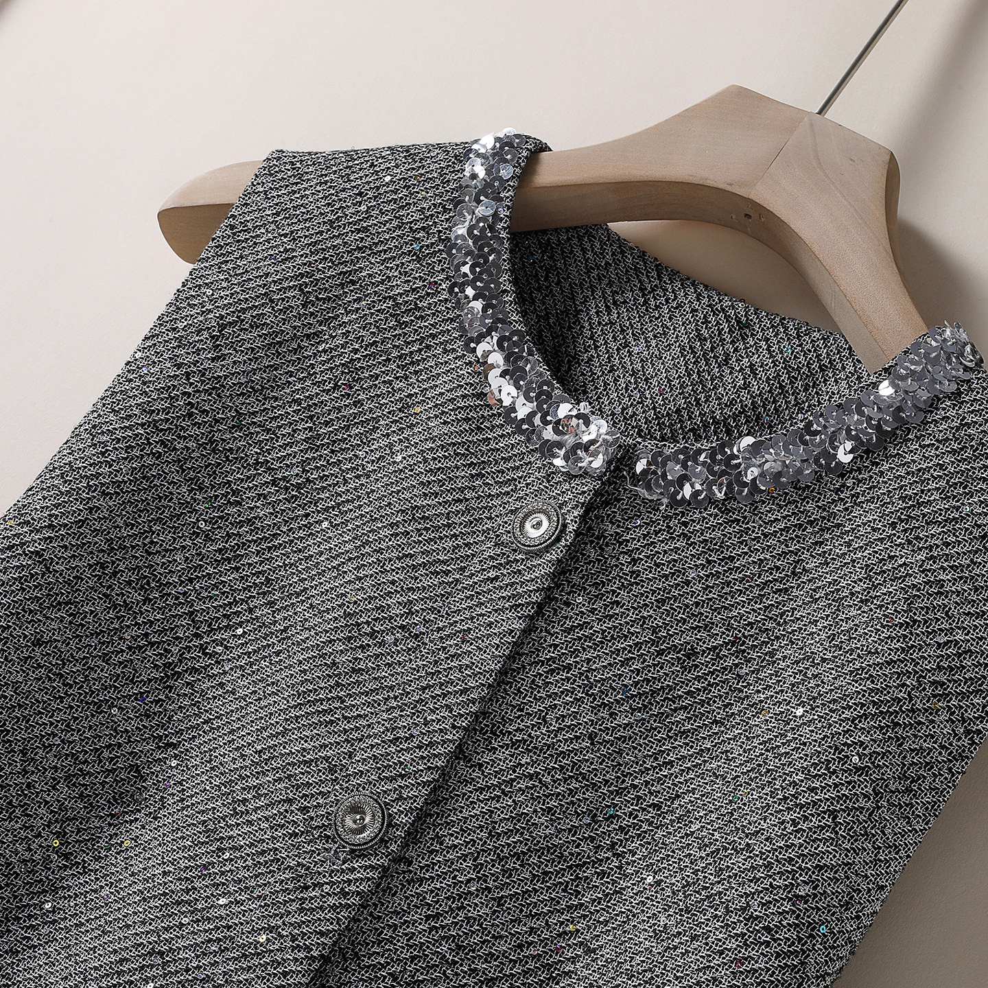 小香风毛呢背心裙亮片圆领荷叶摆A字显瘦连衣裙 2025秋冬新款女装 - 图1