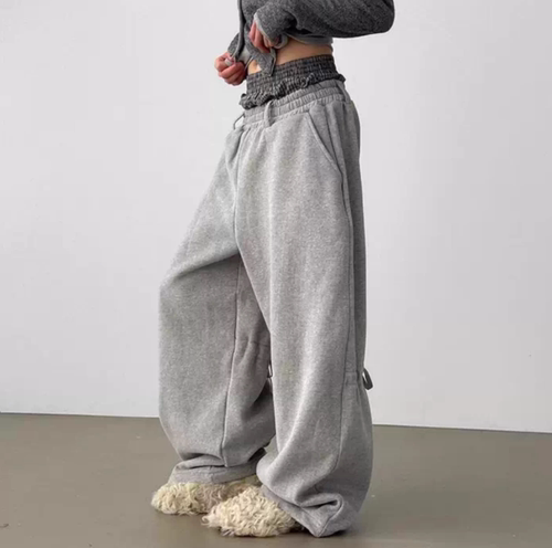 韩国代购25 back ribbon double waist wide banding pants卫裤 - 图1