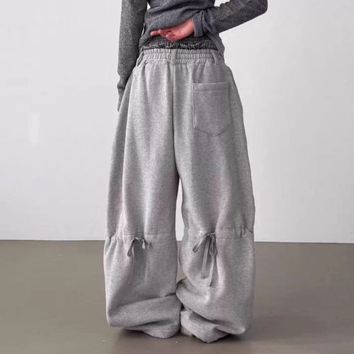 韩国代购25 back ribbon double waist wide banding pants卫裤 - 图0