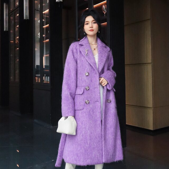 高级感双色羊毛轻奢名媛风薄雾紫系带温柔慵懒优雅长毛大衣外套女