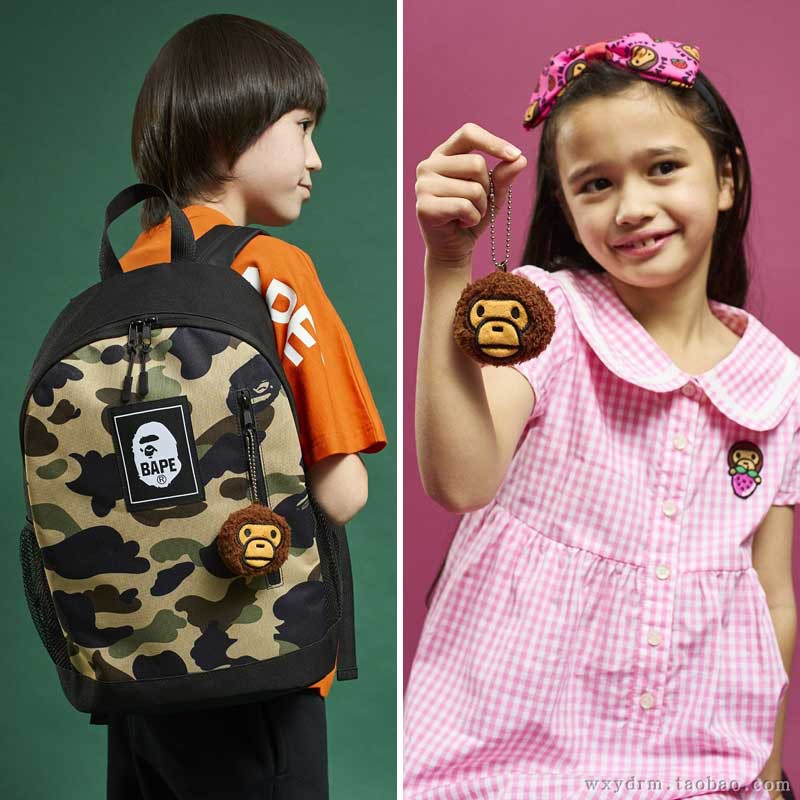 日本附录 BAPE kids 潮人猿人猩猩 迷彩色双肩包+可爱小猴子挂件