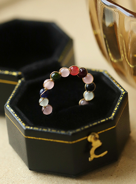 甜美国潮气质彩虹串珠开口戒指女