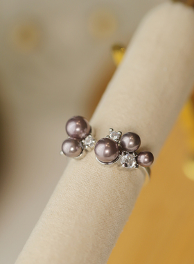 甜美紫色仿珍珠开口戒指女小众