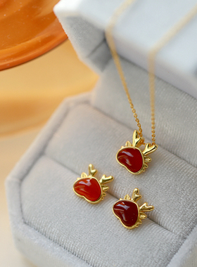 925纯银红色龙年项链耳钉女甜美