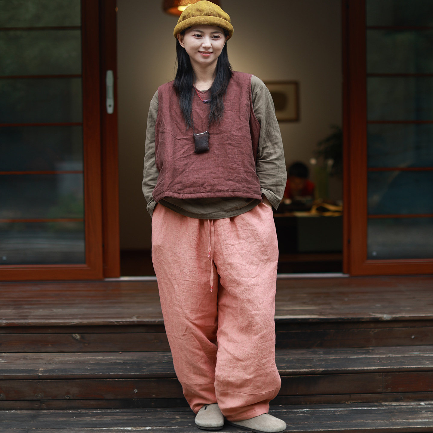 窝窝 蜜桃红/听花香 生态色织汉麻夹棉长裤 保暖禅意休闲棉裤,淘宝优惠券,粉丝福利购,淘宝优惠卷