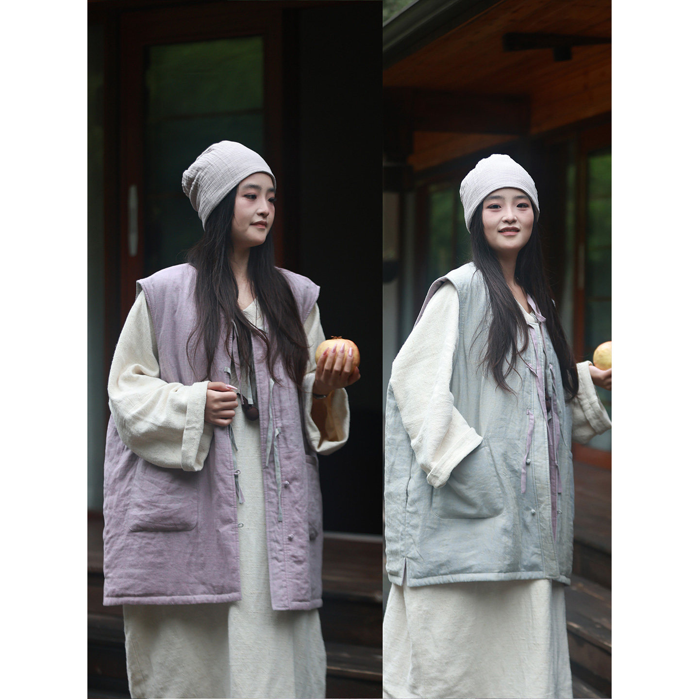 香芋/听花香 生态色织汉麻夹棉双面穿马甲 保暖文艺绑带开衫门襟,淘宝优惠券,粉丝福利购,淘宝优惠卷