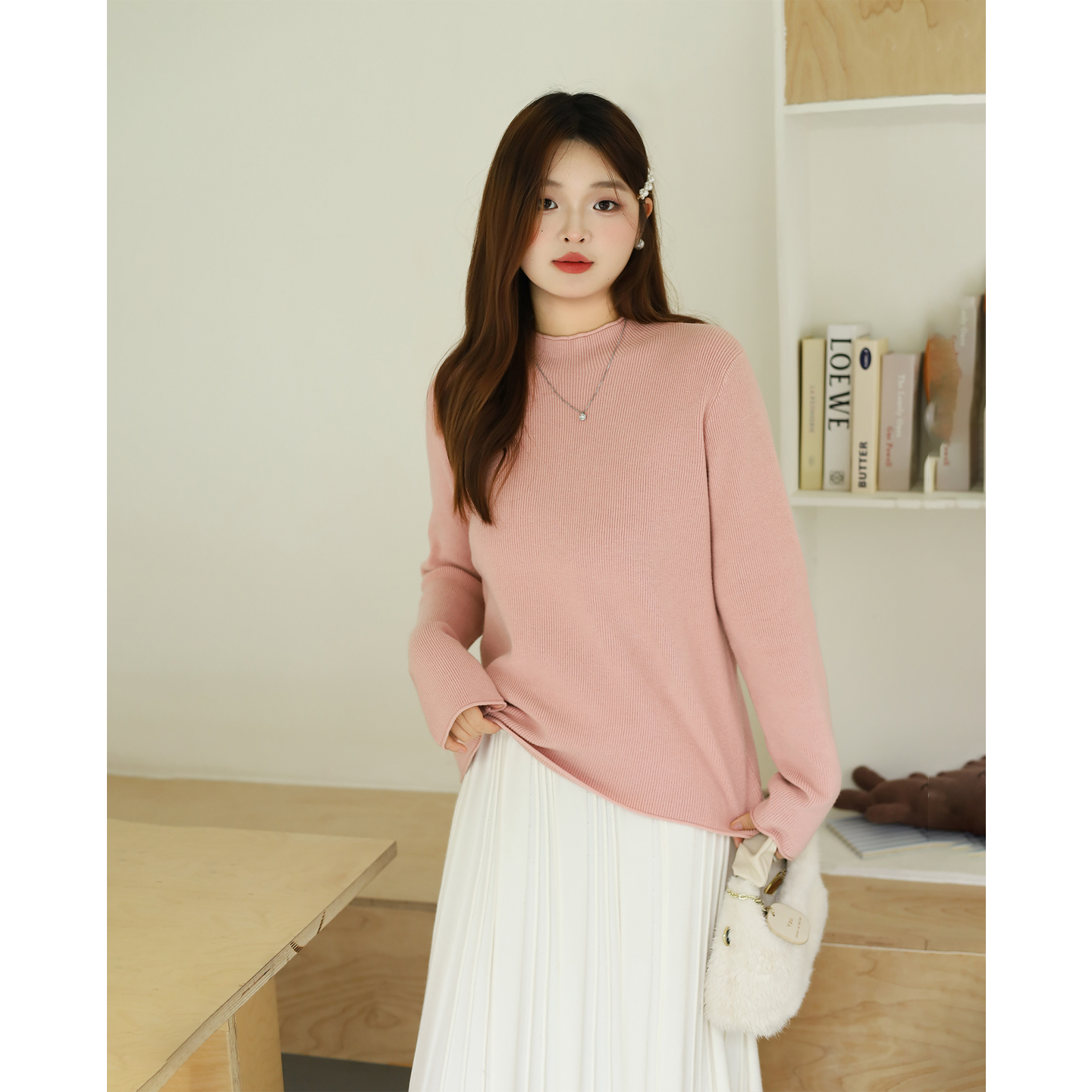 大码百分百女微胖mm冬季保暖加厚半高领正肩打底毛衣针织衫 - 图1