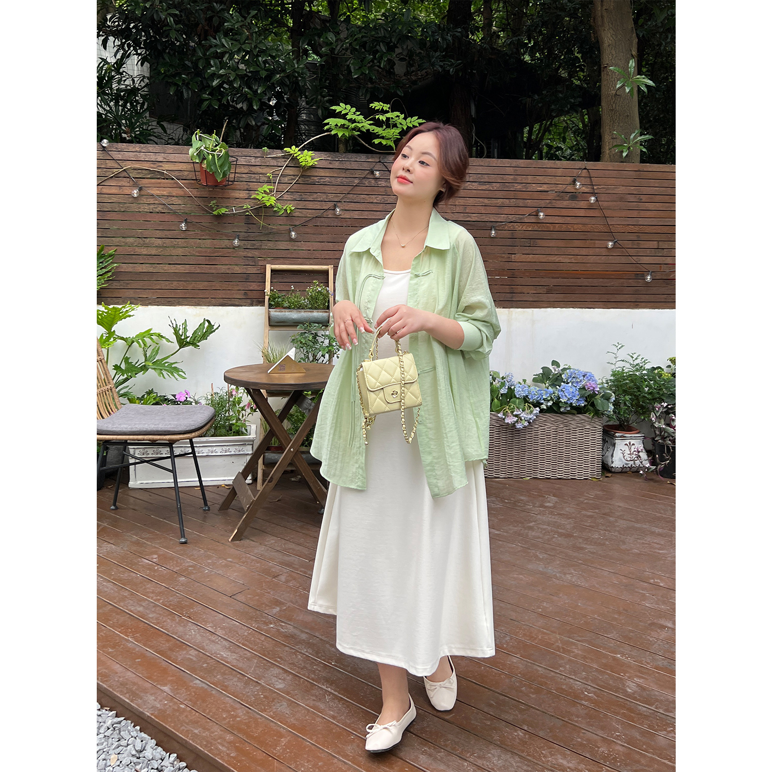 大码百分百女装胖mm【裙子套装】新中式天丝轻薄衬衫背心裙两件套 - 图1