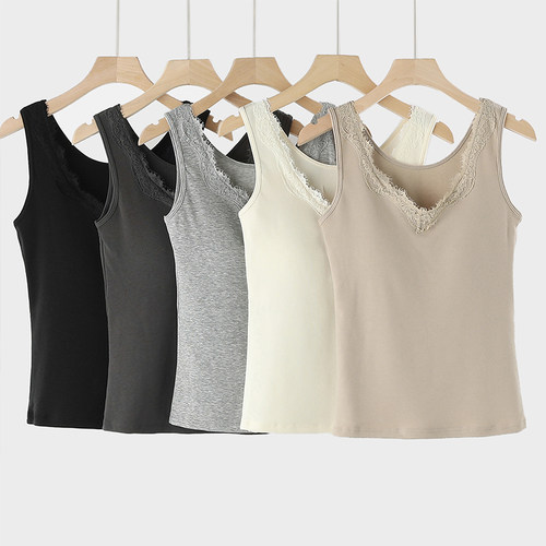 2025新品 磨毛棉保暖背心秋冬舒适弹力带胸垫一体式内衣女打底衫 - 图0